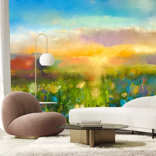 Fotobehang Een olieverfschilderij van een weide met wilde bloemen