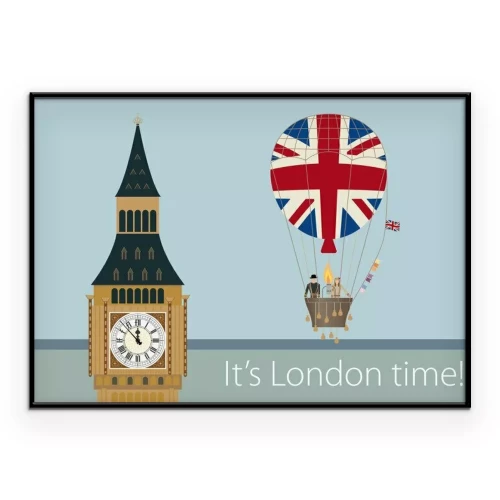 Poster Big Ben en een ballon met de Britse vlag in cartoonstijl.