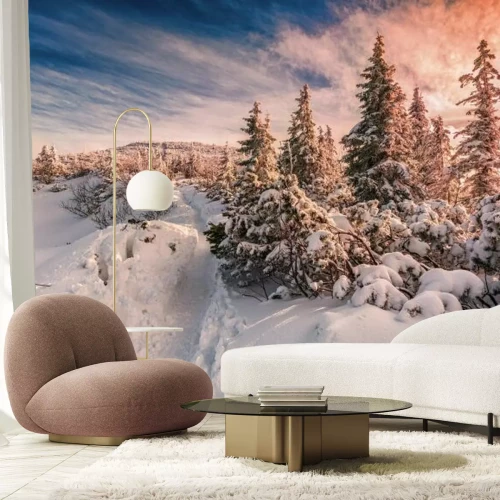 Fotobehang Winterzonsondergang in het Beskidengebergte