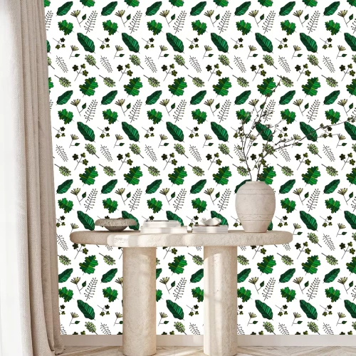 Behang Vector Seamless Herbal Illustratie met de verschillende artistieke soorten groene bladeren op de witte achtergrond