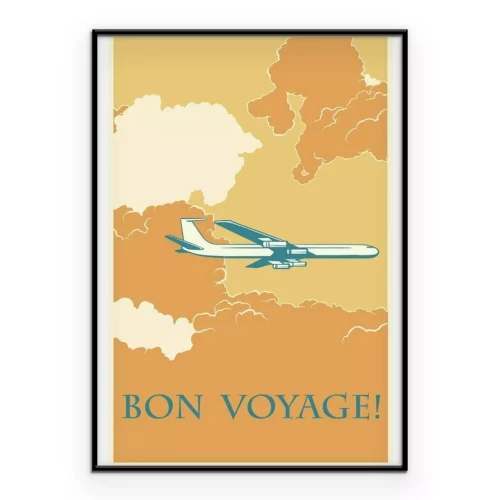 Poster Bon Voyage-opschrift en een retro vliegtuigje tussen de wolken
