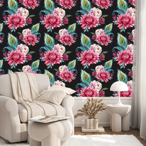 Behang Watercolor pauw en bloemenpatroon