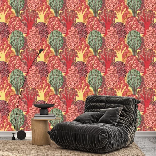 Behang Naadloos patroon met cartoon bomen. Retro hand getekende vector illustratie