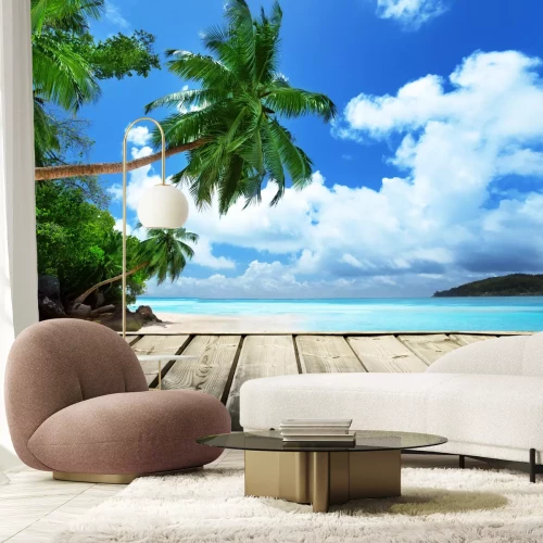 Fotobehang Houten dek en de tropen