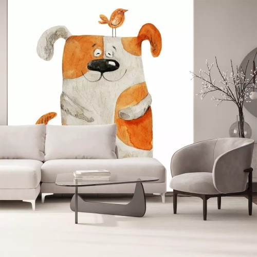 Sticker Hond lachend met vogel. illustratie van de waterverf