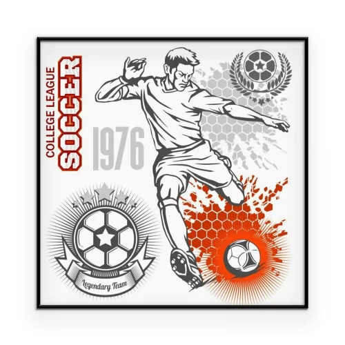 Poster Afbeeldingen met een voetballer, teamemblemen en slogans.