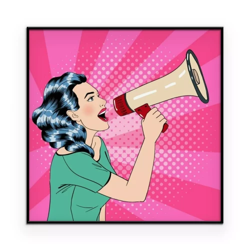 Poster Retro-afbeelding van een vrouw met een megafoon op een roze achtergrond.