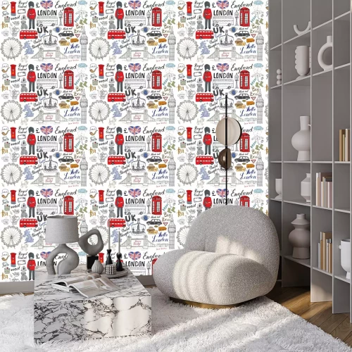 Behang De stad van Londen doodles elementen collectie. Hand getrokken set met, de Tower Bridge, de kroon, de big ben, koninklijke wacht, rode bus en zwarte taxi, Verenigd Koninkrijk kaart en vlag, theepot, b