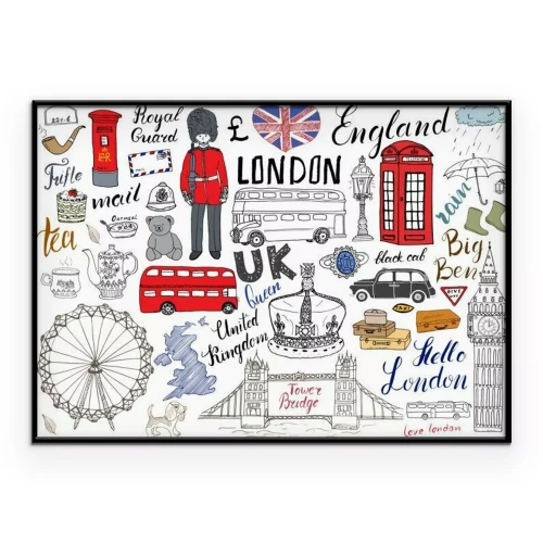 Poster De stad van Londen doodles elementen collectie. Hand getrokken set met, de Tower Bridge, de kroon, de big ben, koninklijke wacht, rode bus en zwarte taxi, Verenigd Koninkrijk kaart en vlag, theepot, b