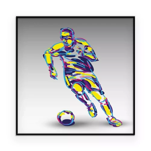 Poster Afbeelding met een kleurrijk silhouet van een voetballer op een grijze achtergrond.