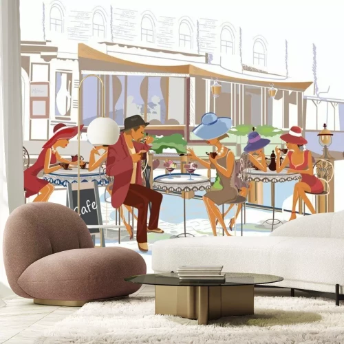 Fotobehang Stadscafé met vrouwen in hoeden