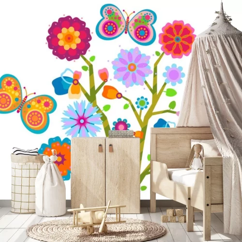 Sticker Regenboog abstracte bloem en veelkleurige vlinders