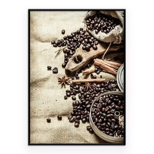 Poster Koffiebonen en aromatische specerijen tegen de achtergrond van een jutezak.