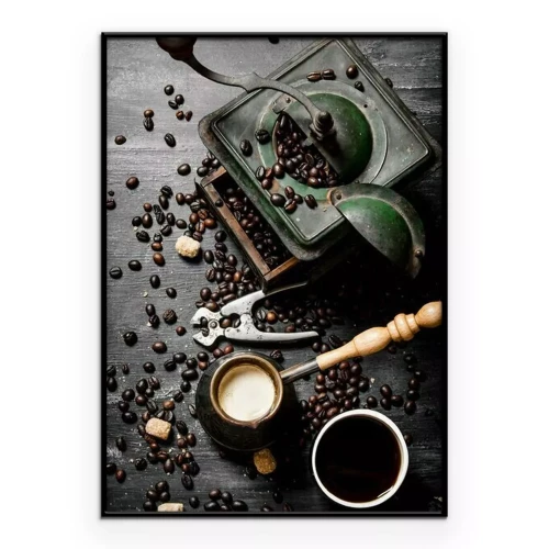 Poster Een kopje koffie naast een oude, retro koffiemolen.