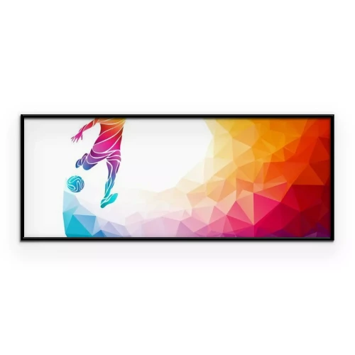 Poster Afbeelding van een voetballer en een bal op een veelkleurige achtergrond.