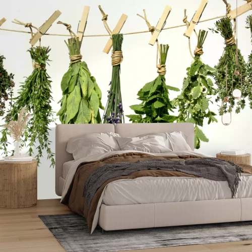 Fotobehang Kruiden aan een touw met clips