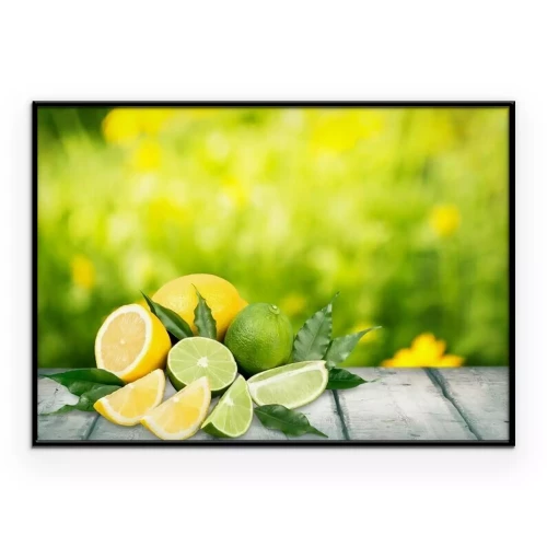 Poster Limoenen en citroenen uitgestald op een houten tafel.