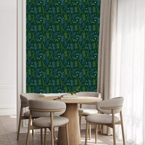 Behang Vector Paris Streets Dark Green Drawing Naadloos Patroon met Eifel Tower, huizen, auto's en sterren. Perfect voor op reis themed design producten.