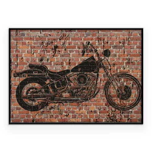 Poster Zwarte motorgraffiti op een rode bakstenen muur.