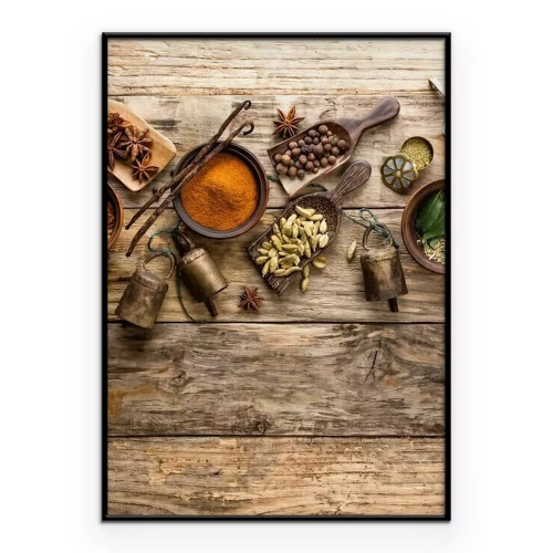 Poster Specerijen en decoratieve belletjes uitgestald op een houten aanrecht.