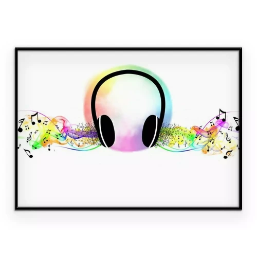 Poster Muzieknoten en kleurrijke accenten rondom de koptelefoon