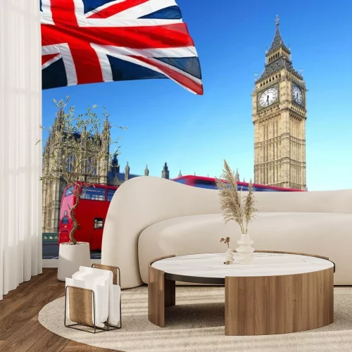 Fotobehang Londense straat met de Big Ben en de Britse vlag
