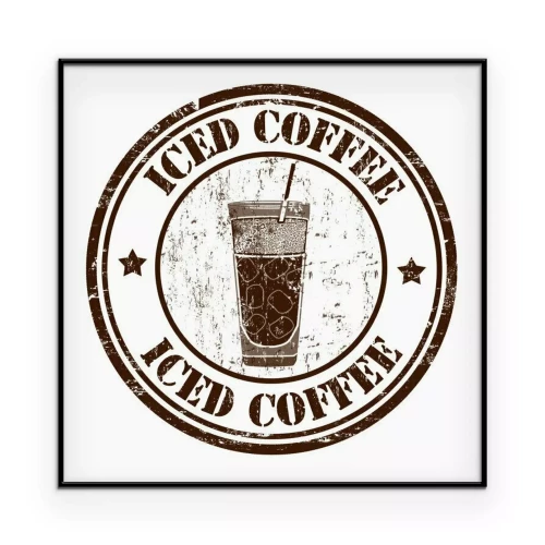 Poster Een ronde postzegel met een afbeelding en de tekst 'Iced Coffee'.