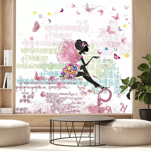 Fotobehang Een fee op een abstracte achtergrond van letters