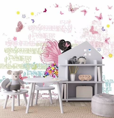 Fotobehang Een fee op een abstracte achtergrond van letters