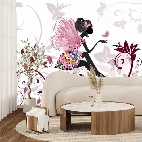 Fotobehang Een zittende fee met een vlinder in haar hand