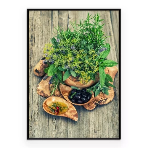 Poster Een schaal met een houten voet gevuld met verse kruiden