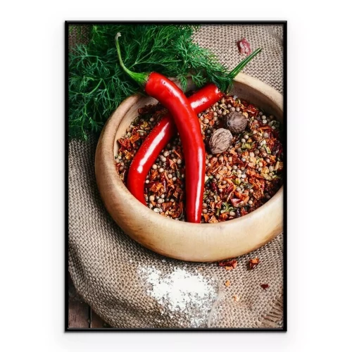 Poster Hete chilipepers naast een kleurrijke kruidenmix