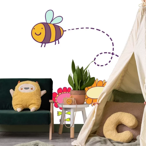 Sticker Bij die over de illustratie van bloemenkinderen vliegt