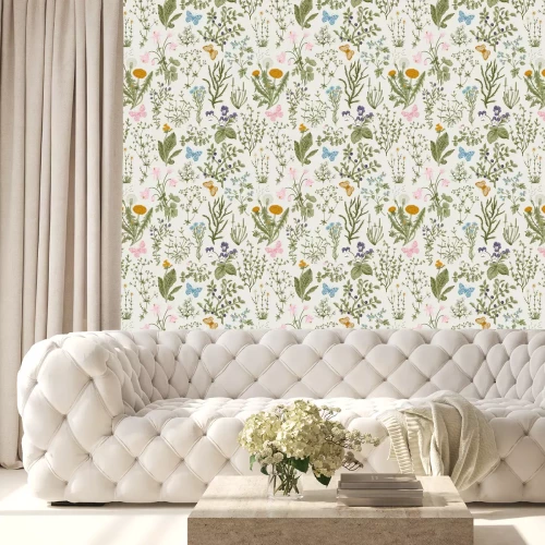 Behang Bloemenweide en vlinders