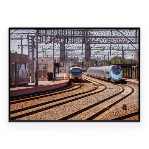 Poster Trein op het perron van het station in Gdynia, Polen.