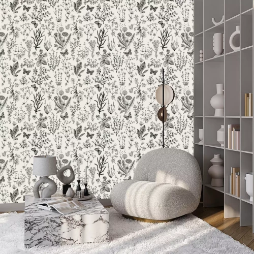 Behang Wilde bloemen en vlinders