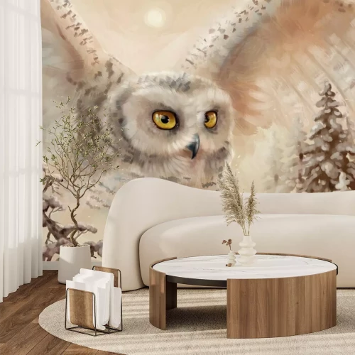 Fotobehang Sneeuwuil in een wintersbos