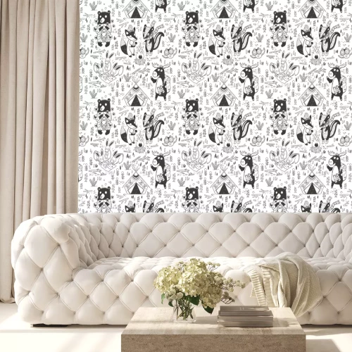 Behang Hand getrokken camping naadloze patroon met stripfiguren in monochrom