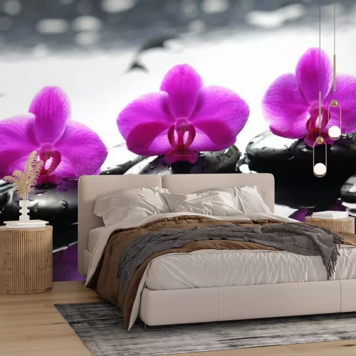 Sticker Drie Zen stenen en drie orchideeën met reflectie