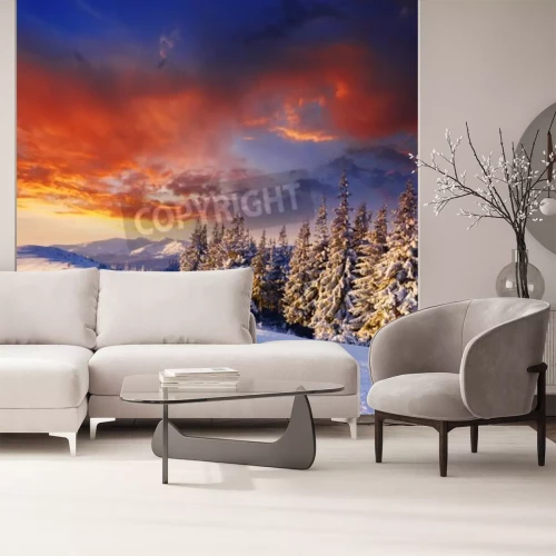 Fotobehang Rode zonsopgang in de winter