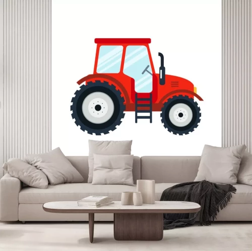 Sticker Flat tractor op een witte achtergrond. Red tractor pictogram - vector illustratie. Landbouwtrekker - transport voor landbouwhuisdieren in vlakke stijl.
