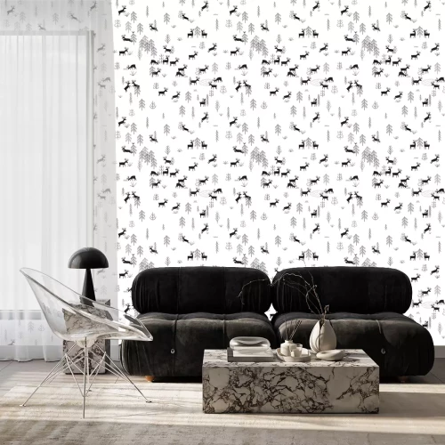 Behang Vector naadloos patroon met wilde bos leven en herten