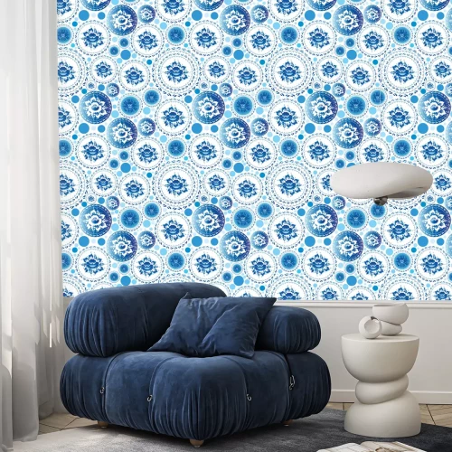 Behang Shabby chic met bloemen in blauwtinten