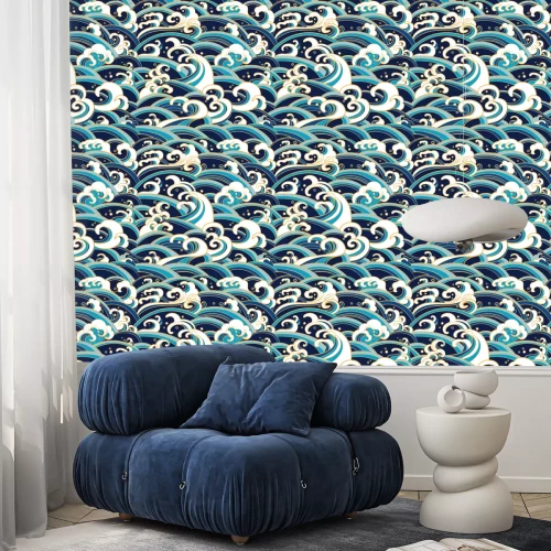Behang Grafische Japanse blauwe en witte golven