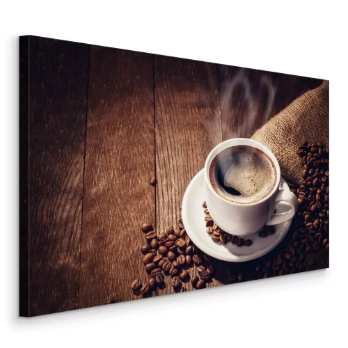 Canvas Een kopje koffie op houten planken en koffiebonen