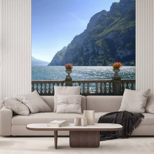 Fotobehang Platform met uitzicht op de zee en de bergen