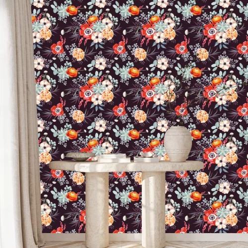 Behang Boeket met bramen en vetplanten op de zwarte achtergrond. Vector naadloze patroon met bloemen.