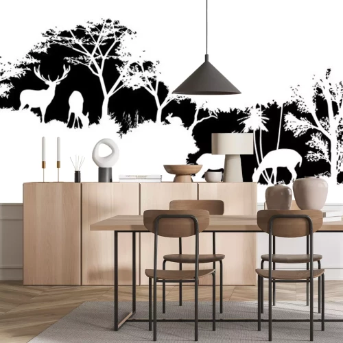 Sticker Zwart-witte dieren tekenen op de achtergrond van het bos