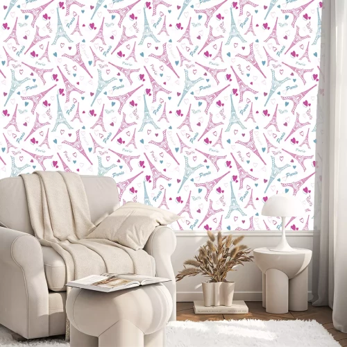Behang Vector Eifel Toren Parijs Liefde Roze Grey Drawing naadloze patroon met romantische harten. Perfect voor op reis themed design producten, tassen, accessoires, tassen, kleding.