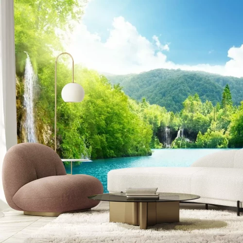 Fotobehang Bergen, meer en waterval